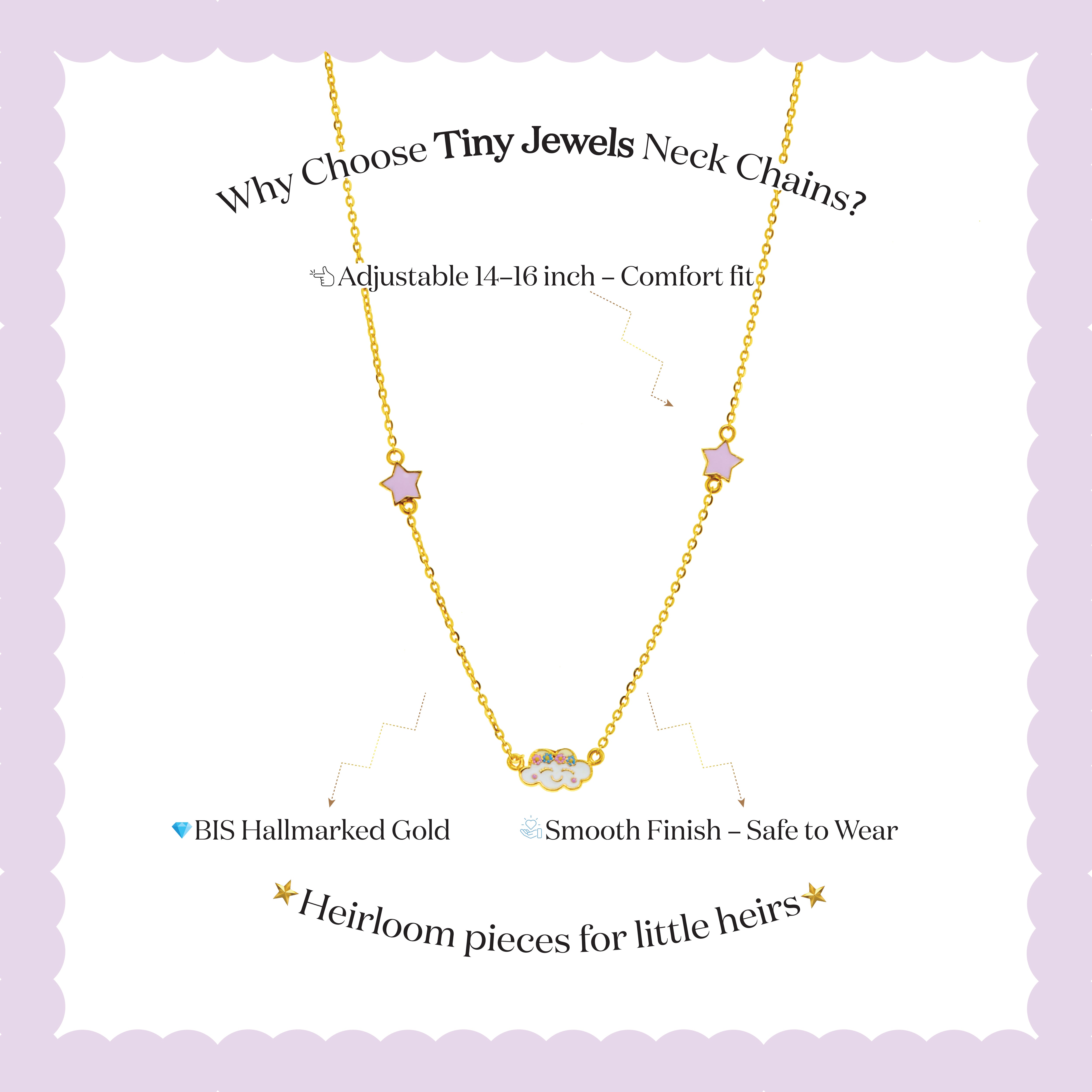 Gold necklace with pink gemstones on a light purple background, featuring text about the product.