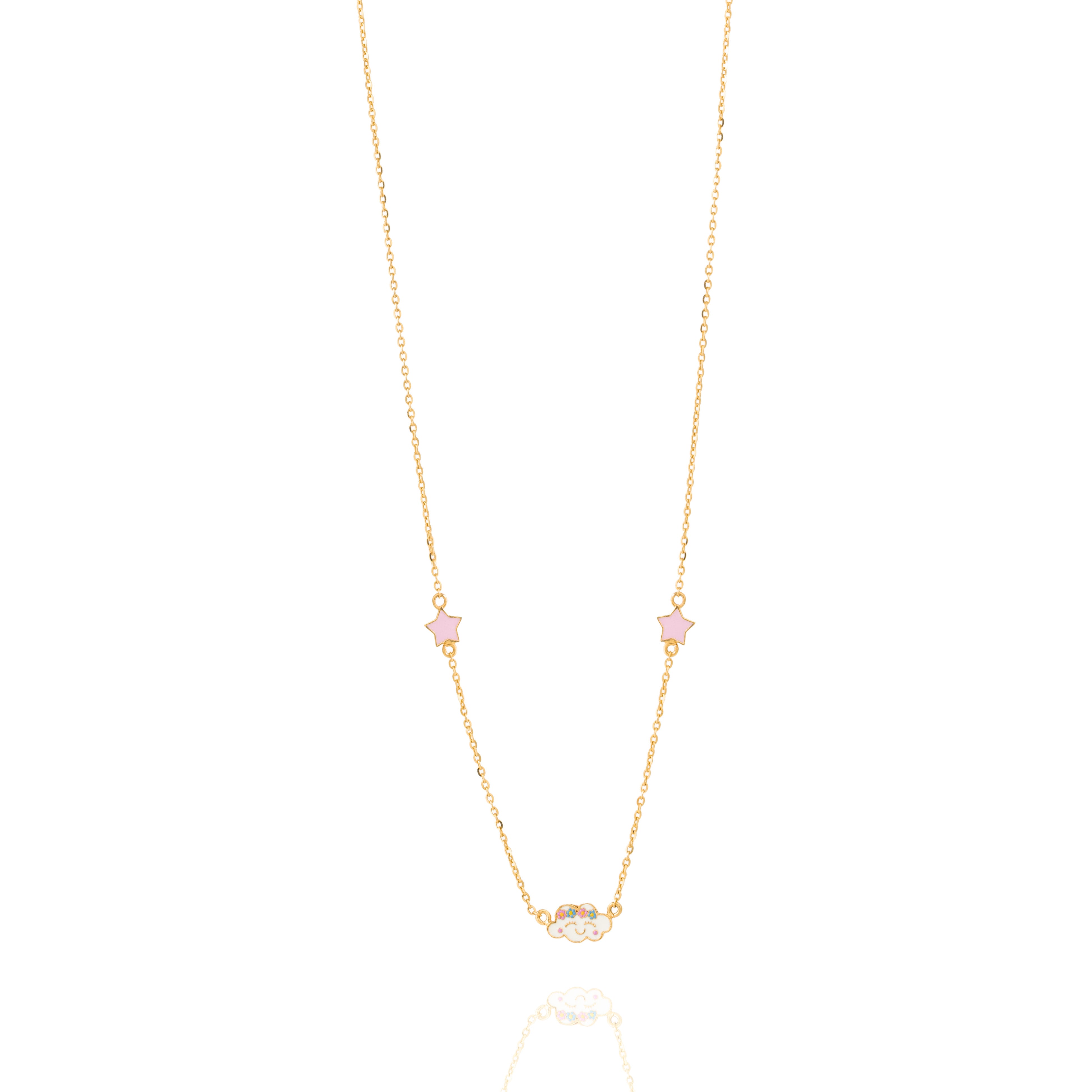 Tiny Jewels gold necklace with small colorful stones on a white background