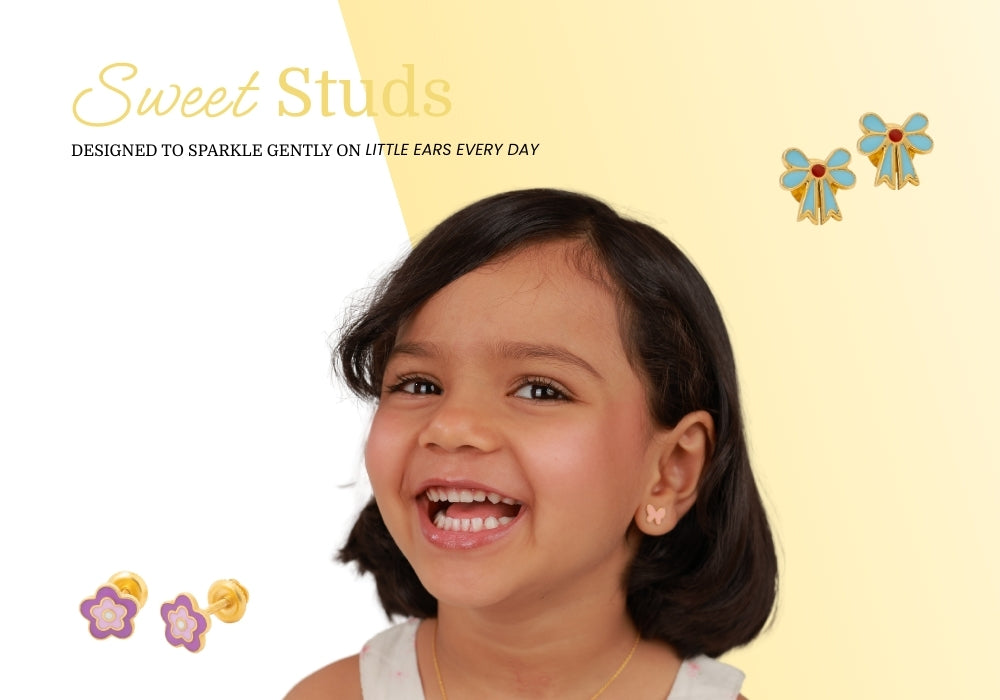 Young girl with a gold earring against a light yellow background with 'Tiny Jewels Studs Collection Desktop Banner ' branding.