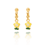 Tiny Jewels gold flower-shaped earrings with green leaves on a white background