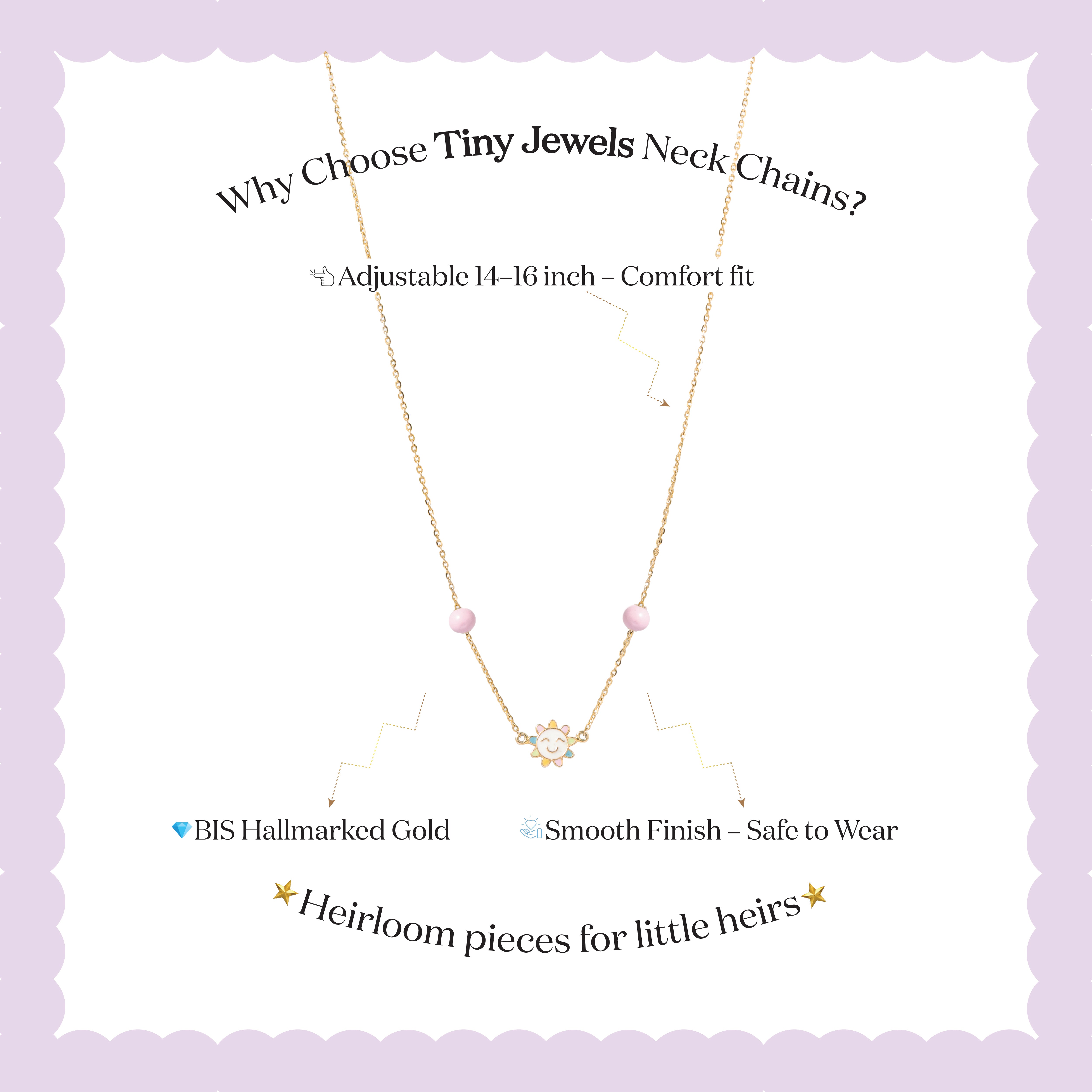 Tiny Jewels necklace with text on a light purple background