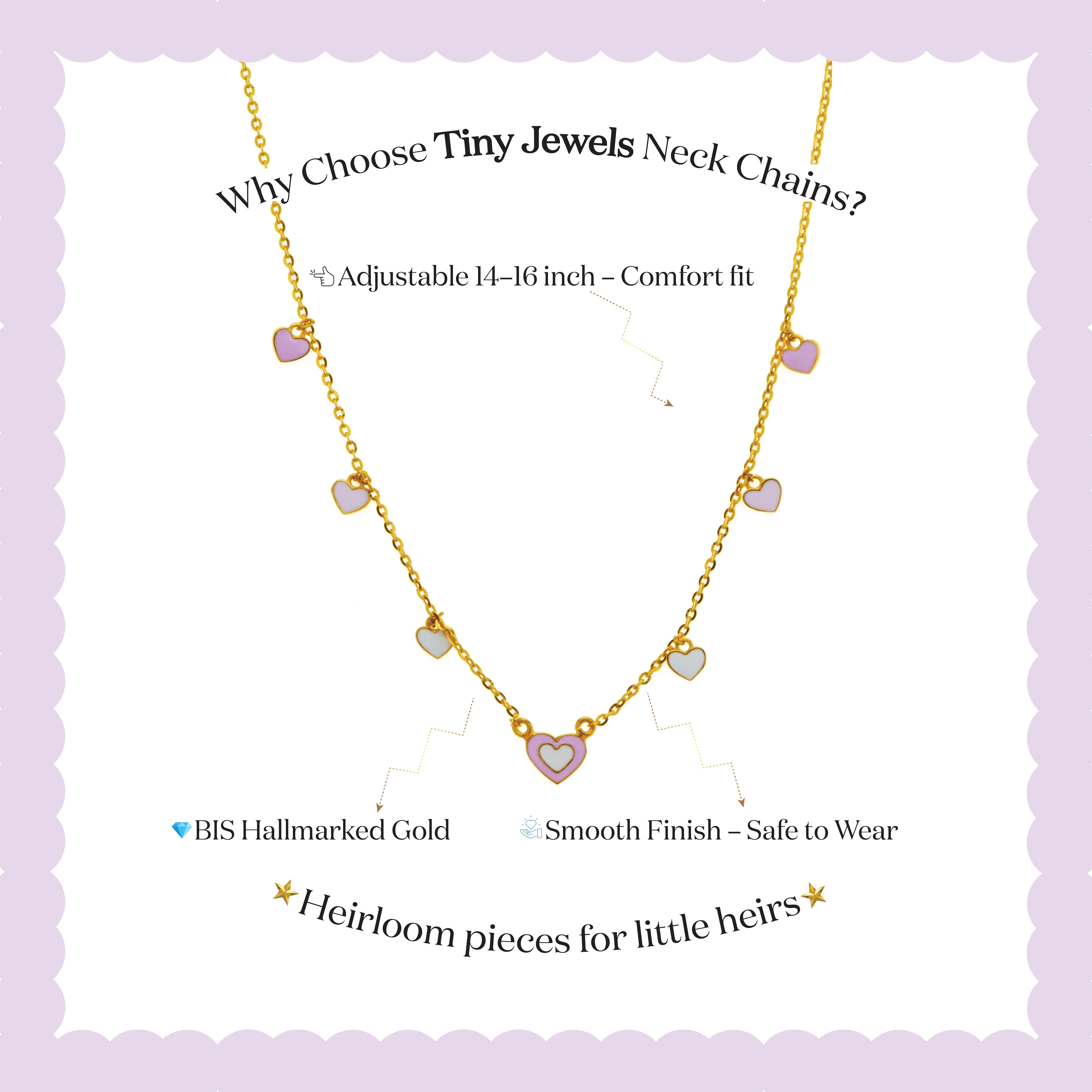 Tiny Jewels gold necklace with heart-shaped charms on a light purple background, featuring text about the product.