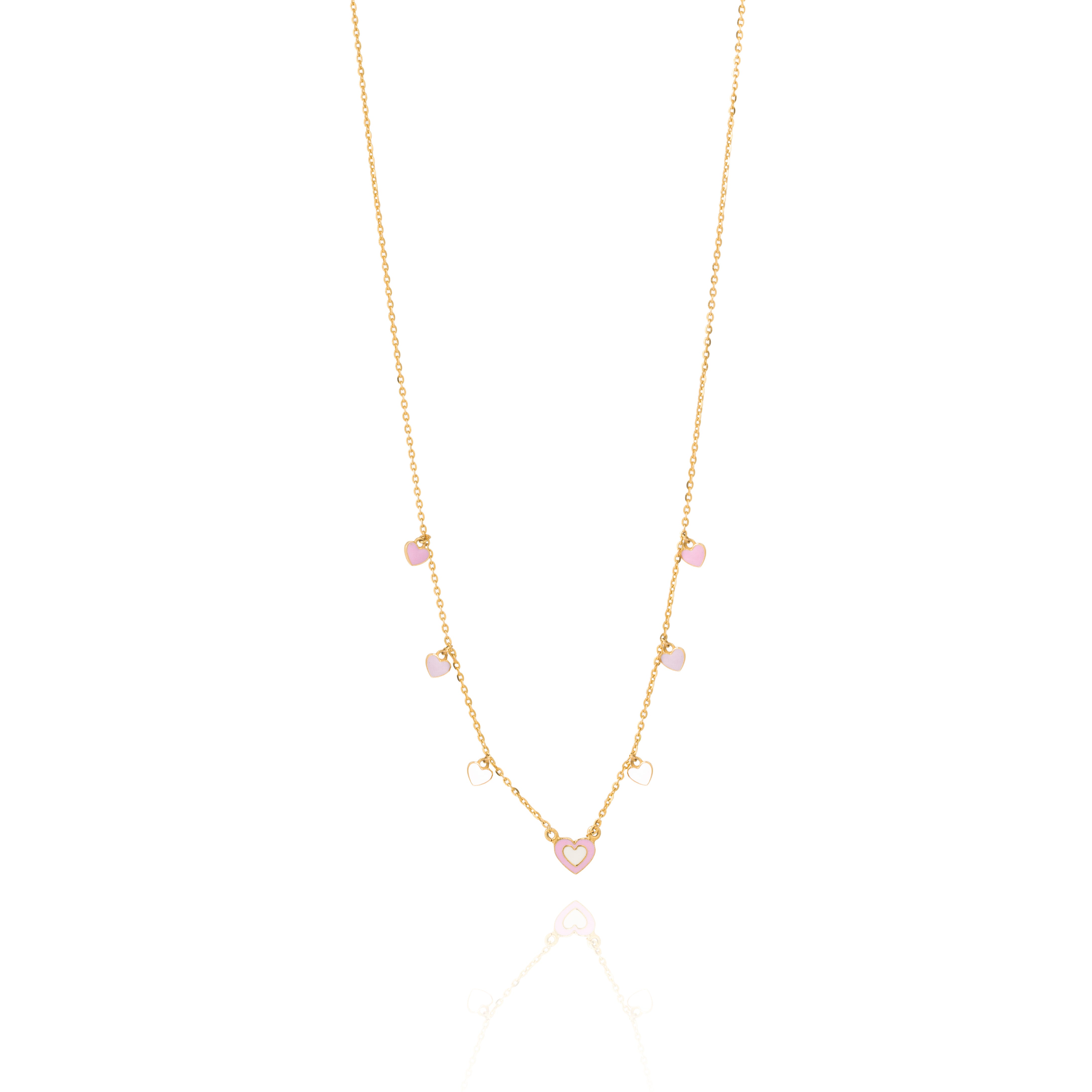 Tiny Jewels gold necklace with heart-shaped pendants on a white background