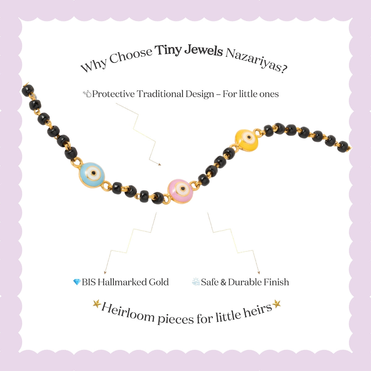 Tiny Jewels necklace with colorful beads on a light purple background, featuring text about Tiny Jewels Nazariyas.