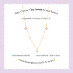 Tiny Jewels gold necklace with small colored stones on a light purple background with text about the necklace's features.