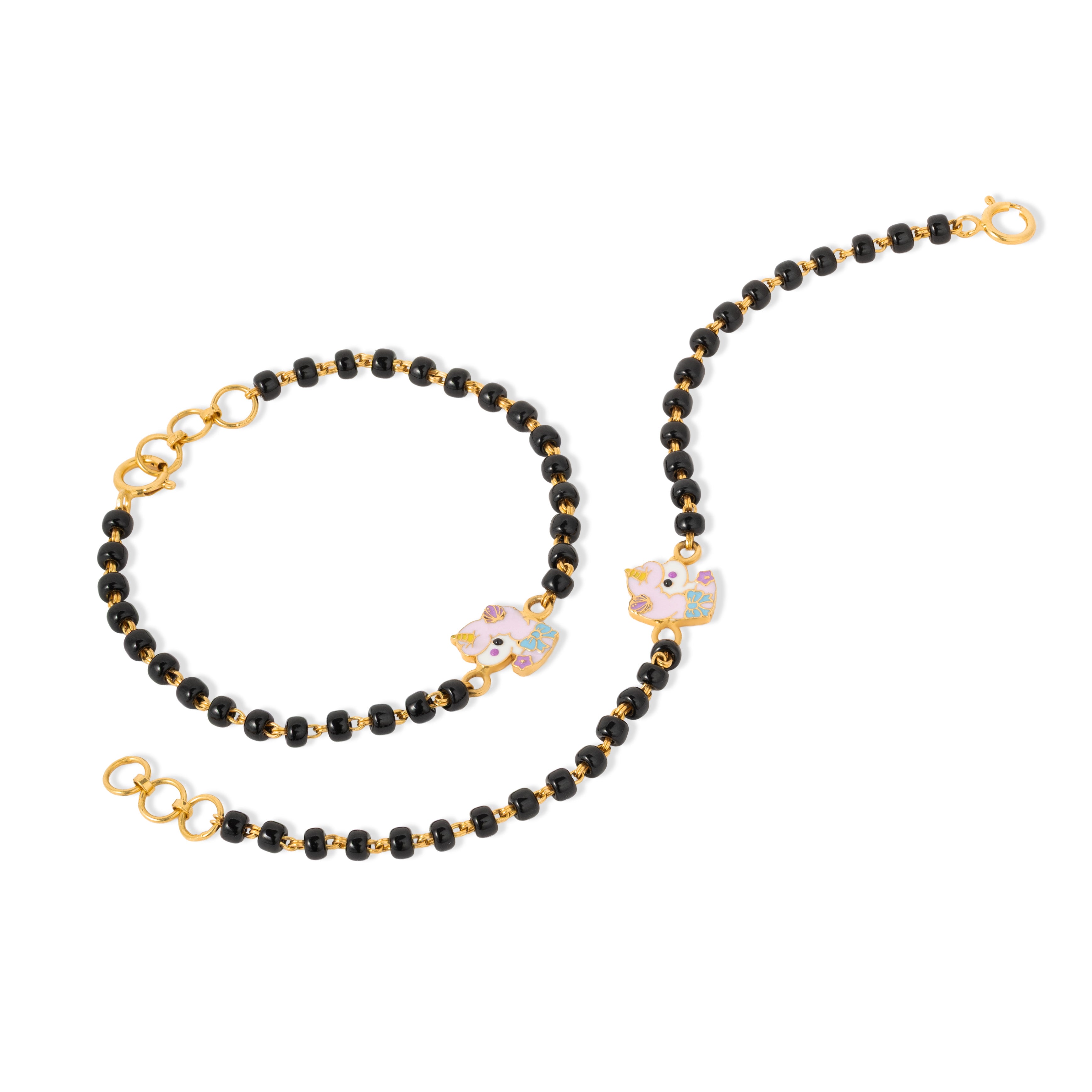 Tiny Jewels black beaded bracelet with gold accents on a white background