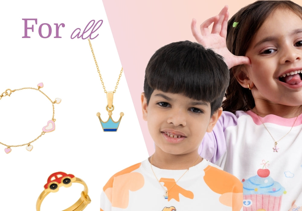 Tiny Jewels two children wearing jewelry with a focus on necklaces and rings.