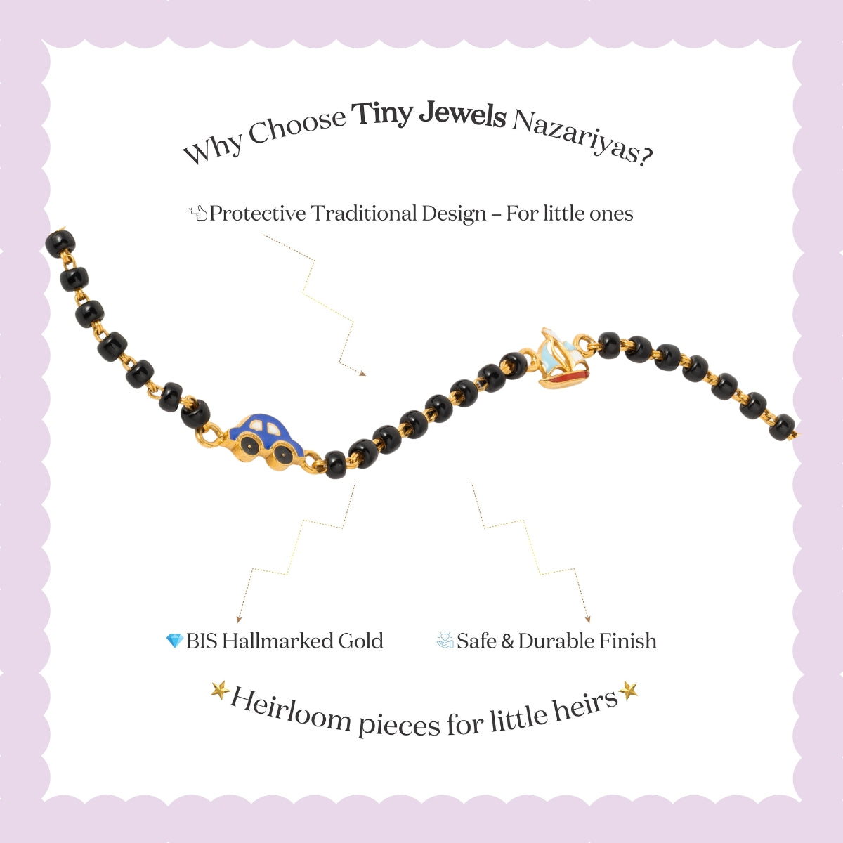 Tiny Jewels children's necklace with black beads and gold accents on a light purple background, featuring text about Tiny Jewels Nazariyas.