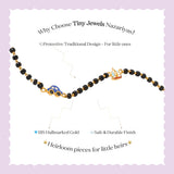 Tiny Jewels children's necklace with black beads and gold accents on a light purple background, featuring text about Tiny Jewels Nazariyas.