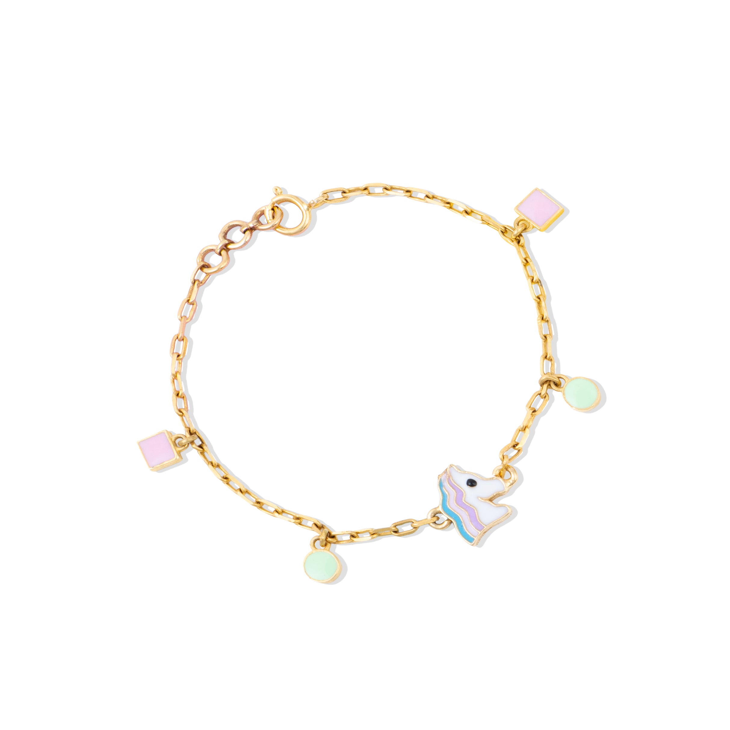 Tiny Jewels gold bracelet with colorful charms on a white background