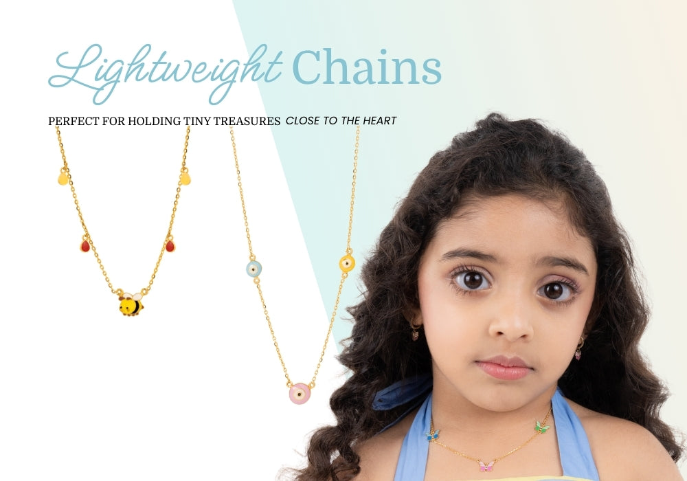 Tiny jewels Chains Collection Young girl wearing a necklace with text about lightweight chains on a light blue background