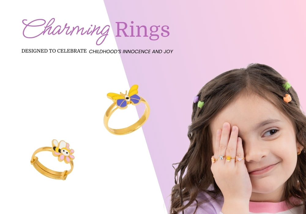 Tiny jewels ring children's rings with decorative elements on a pink background, featuring a girl wearing one of the rings.