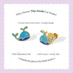 Tiny Jewels whale-shaped earrings with gold and blue design on a white background with text about the product.