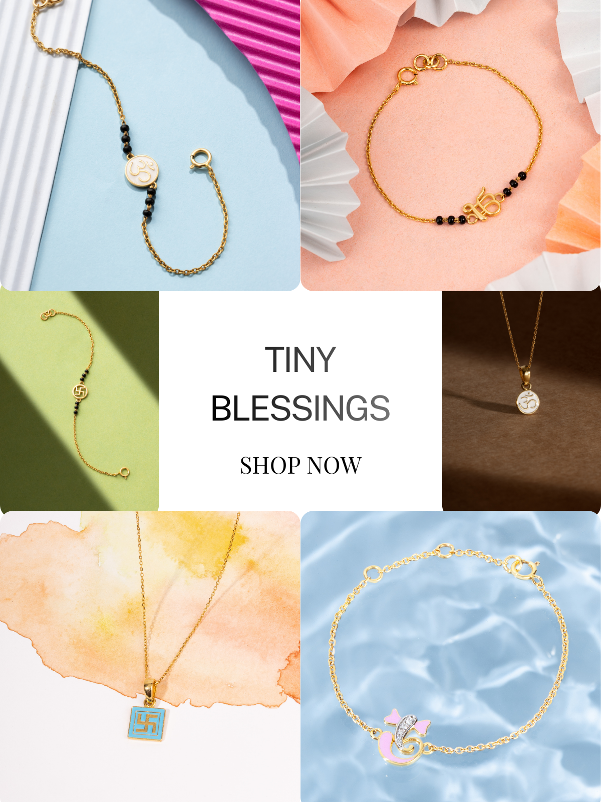 Tiny Jewels collage of gold bracelets and necklaces with 'Tiny Blessings' text and 'Shop Now' call to action.